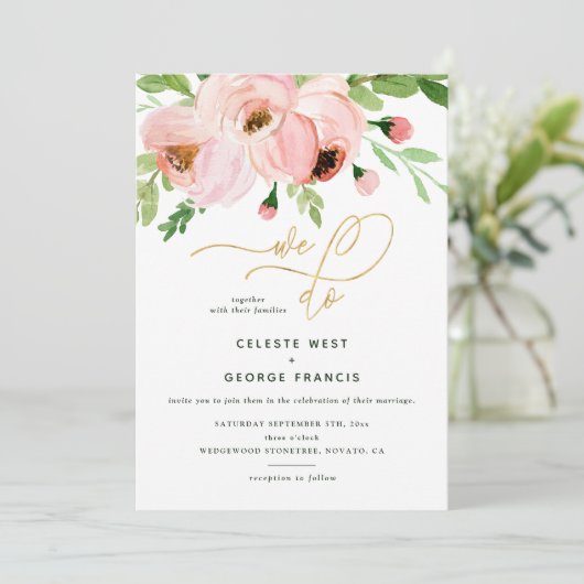 私たちはフローラ水色と金ゴールド結婚式の招待をする シーズンカード (スタンド正面)