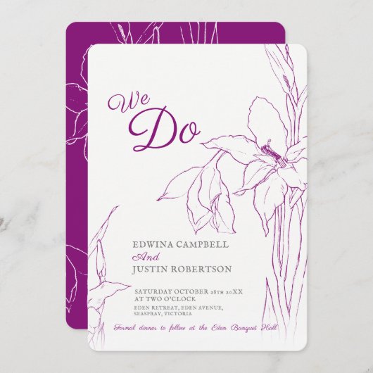 私たちはボタニカグラジオラスのラインアート桑の紫 招待状 (正面/裏面)