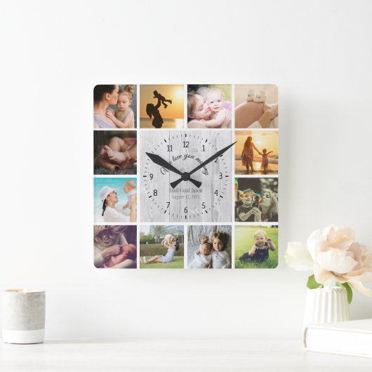 私たちはママのフォトコラージュ白い木のテクスチャ大好き スクエア壁時計 (ホーム)