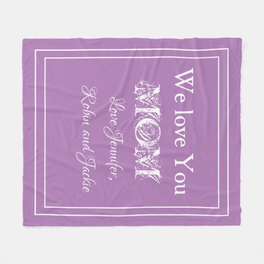 「私たちはママを愛している」名前をカスタムするラベンダー フリースブランケット (正面(横))