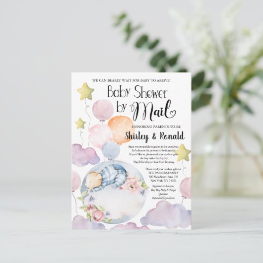 私たちはメールで男の子が赤ちゃんシャワーを持って待つことができる ポストカード (スタンド正面)