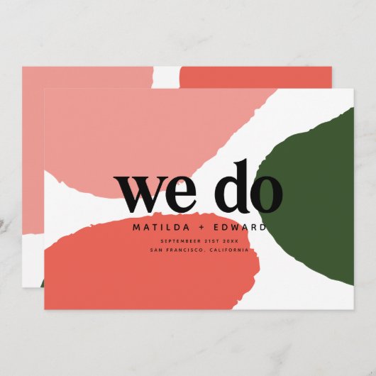 私たちはモダン抽象芸術グラフィック赤、ピンク+緑 案内状 (正面/裏面)