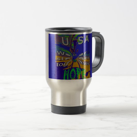私たちは一緒に強いおもしろい米国ホープのパターンde トラベルマグ (正面右)