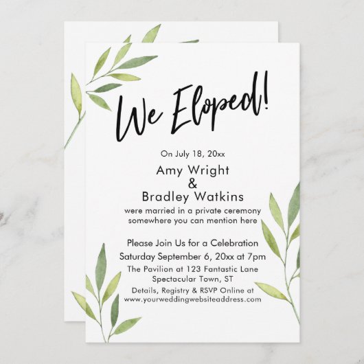 私たちは人目を避けて結婚した タイポグラフィー & 緑の水彩植物 招待状 (正面/裏面)