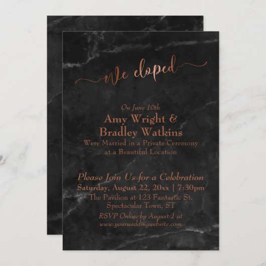 「私たちは人目を避けて結婚した」 銅色の文字が黒大理石に刻まれている 招待状 (正面/裏面)