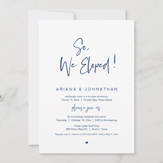私たちは人目を避けて結婚式を挙げました ネイビーブルー 結婚式の人目を避けての結婚 招待状 (正面)