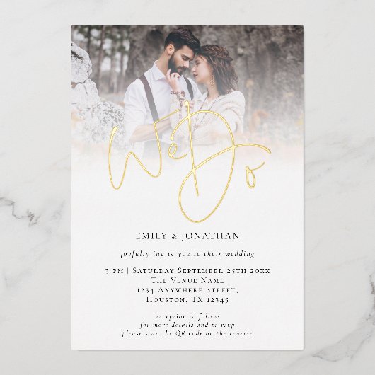 私たちは写真オーバーレイQRコードスクリプトウェディングリアルをします 箔招待状 (正面)