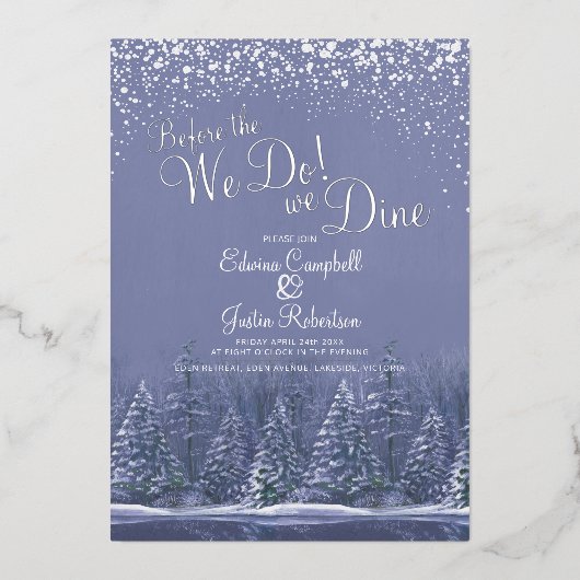 私たちは冬の結婚式の木の湖の青を行う前に 箔招待状 (正面)