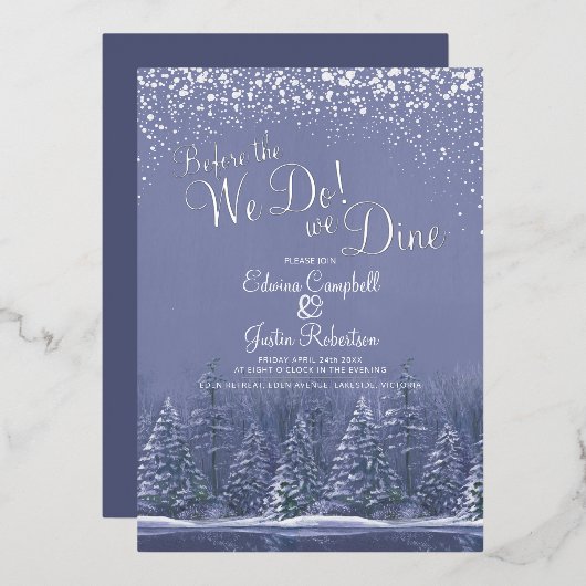 私たちは冬の結婚式の木の湖の青を行う前に 箔招待状 (正面/裏面)