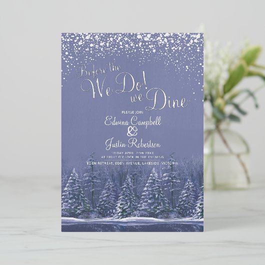 私たちは冬の結婚式の木の湖の青を行う前に 箔招待状 (立ち正面)