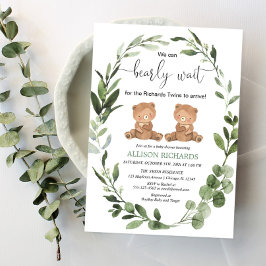 私たちは双子テディベア赤ちゃんシャワーを待つことができる 招待状