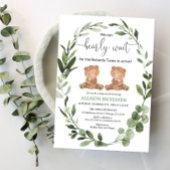 私たちは双子テディベア赤ちゃんシャワーを待つことができる 招待状