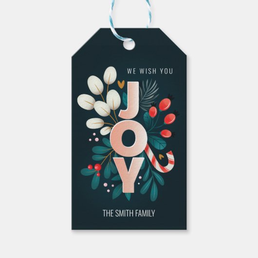 私たちは喜び、クリスマスキャンディーケーン&葉 ギフトタグ (正面)