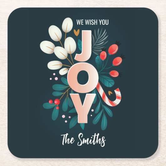 私たちは喜び、クリスマスキャンディーケーン&葉 ラウンドペーパーコースター (正面)