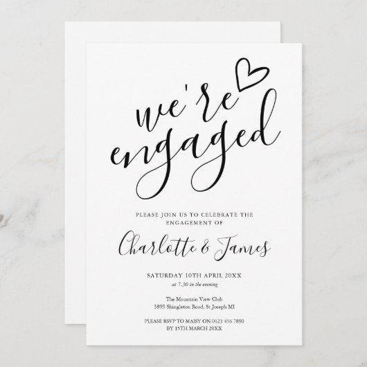 私たちは婚約した婚約パーティ白黒 招待状 (正面/裏面)