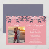 私たちは婚約しました ピンクの花束と写真 招待状 (正面/裏面)
