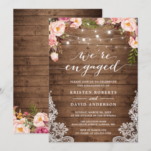 私たちは婚約しました！ ラスティック フラワー ラッセル婚約パーティー 招待状 (正面/裏面)