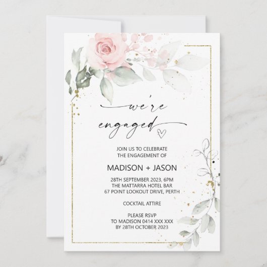 私たちは婚約パーティピンクの婚約した金ゴールドフローラ 招待状 (正面)