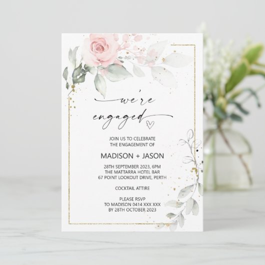 私たちは婚約パーティピンクの婚約した金ゴールドフローラ 招待状 (スタンド正面)