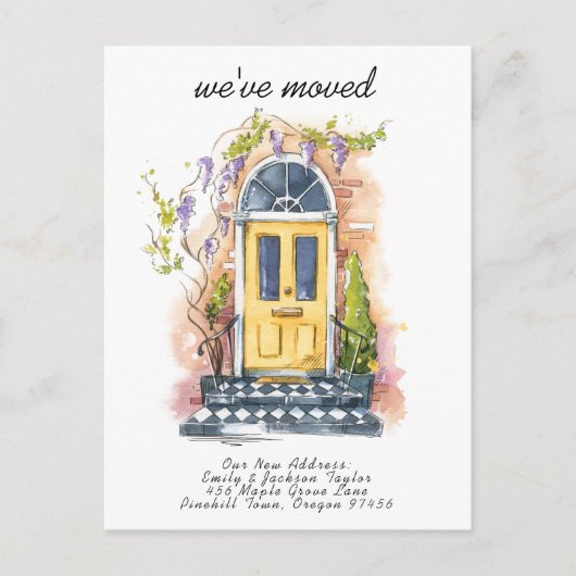 私たちは引っ越しました - モダンな新住所の水彩ドア 案内ポストカード (正面)