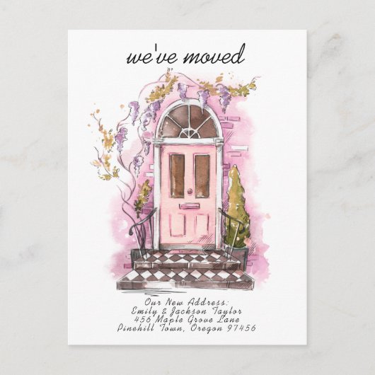 私たちは引っ越しました - モダンな新住所 水彩ドア 案内ポストカード (正面)
