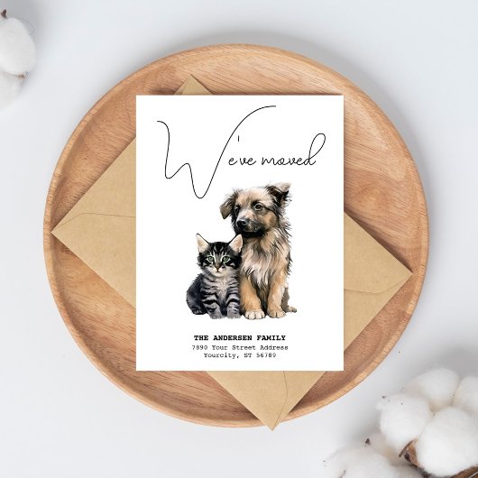 私たちは引っ越しました 新しい住所 猫 犬 水彩画 引っ越しのお知らせ 案内ポストカード