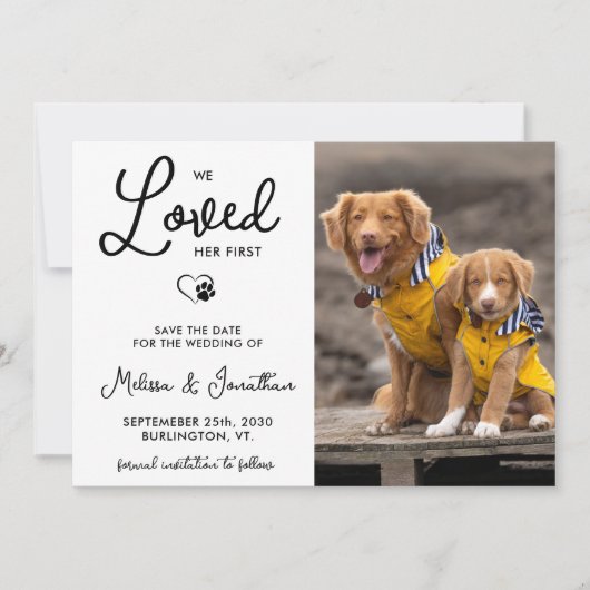 私たちは彼女の最初のカスタム写真ペットの結婚犬を愛した セーブザデート (正面)