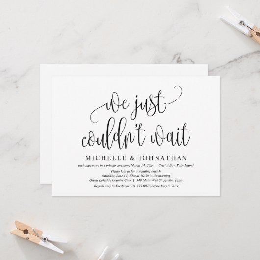 私たちは待つことができなかった、結婚式の秘密の式のパーティー 招待状 (正面/裏面インサイチュ)