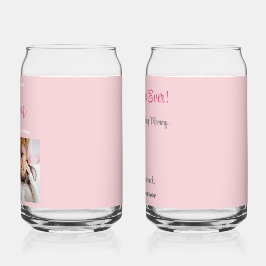 私たちは愛あなた最高ののママピンクの写真名カスタム前 ガラス缶 (左)