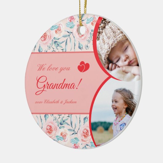 私たちは愛おばあちゃんピンクのフローラ子供の写真クリスマス セラミックオーナメント (左)