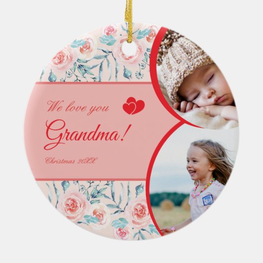 私たちは愛おばあちゃんピンクのフローラ子供の写真クリスマス セラミックオーナメント (裏面)