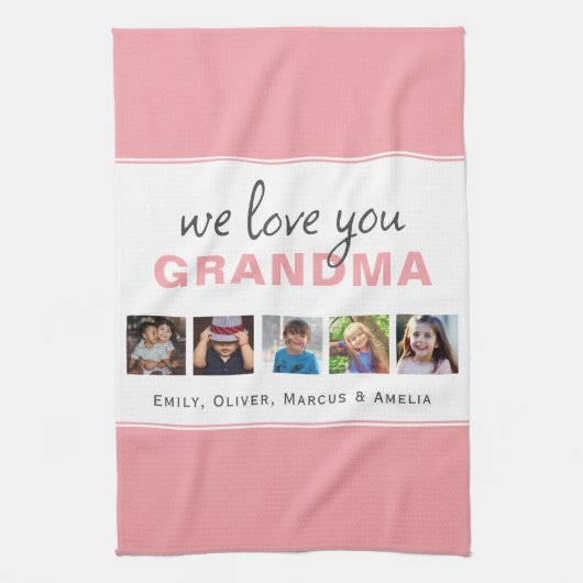 私たちは愛おばあちゃんピンクの孫5写真 キッチンタオル (縦)