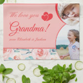 私たちは愛おばあちゃんピンクフローラバレンタインデーの写真 キッチンタオル (折り畳み)