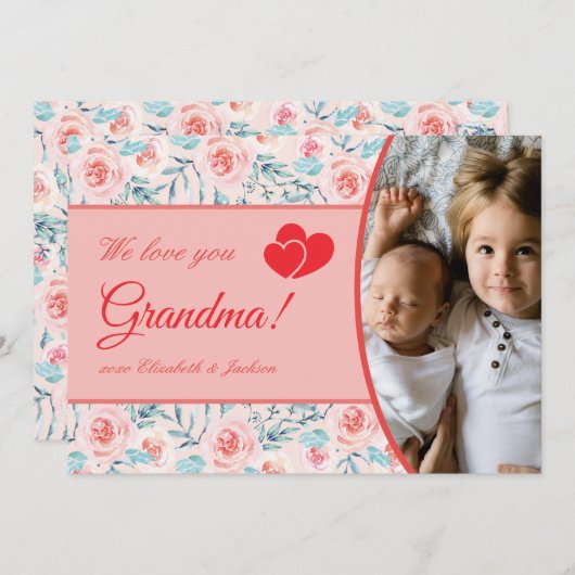 私たちは愛おばあちゃんピンクフローラバレンタインデーの写真 シーズンカード (正面/裏面)