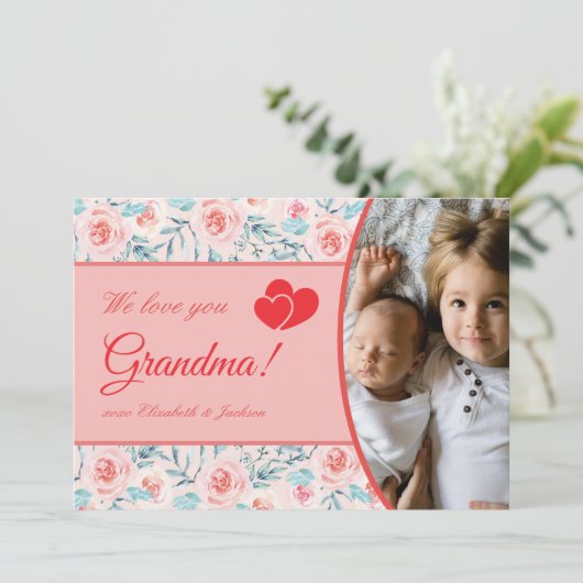 私たちは愛おばあちゃんピンクフローラバレンタインデーの写真 シーズンカード (スタンド正面)
