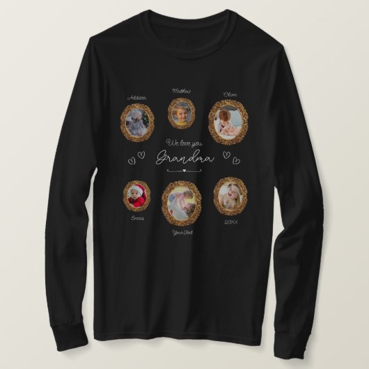私たちは愛おばあちゃん6つの写真と文字とハート Tシャツ (デザイン正面)