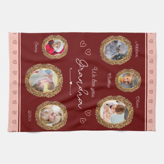 私たちは愛おばあちゃん6つの写真と文字赤いハート キッチンタオル (横)