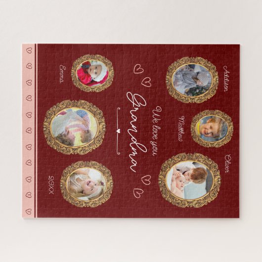 私たちは愛おばあちゃん6つの写真と文字赤いハート ジグソーパズル (横)