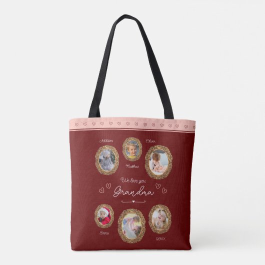 私たちは愛おばあちゃん6つの写真と文字赤いハート トートバッグ (裏面)