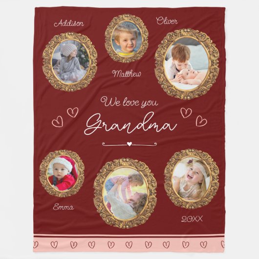 私たちは愛おばあちゃん6つの写真と文字赤いハート フリースブランケット (正面)