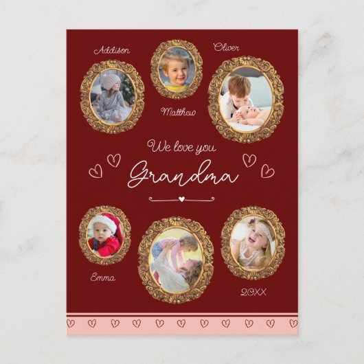 私たちは愛おばあちゃん6つの写真と文字赤いハート ポストカード (正面)