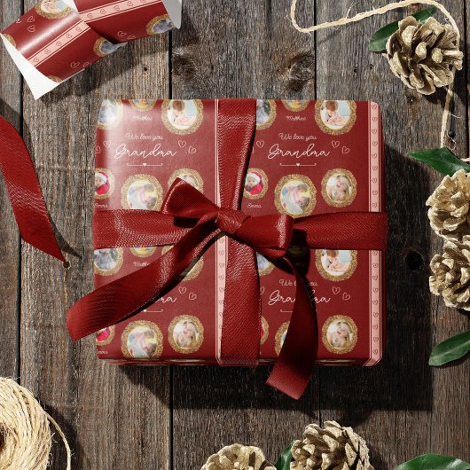 私たちは愛おばあちゃん6つの写真と文字赤いハート ラッピングペーパー