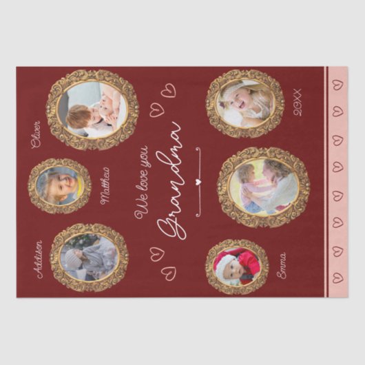 私たちは愛おばあちゃん6つの写真と文字赤いハート 薄葉紙 (正面)