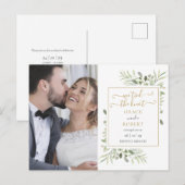 「私たちは愛を結んだ」グリーンリースクリプト写真ウェディング 案内ポストカード (正面/裏面)