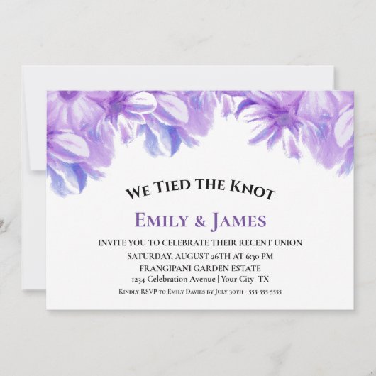 私たちは愛を結んだ ラベンダー フラワー ウェディング レセプション 招待状 (正面)