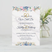 「私たちは愛を誓い続ける」エレガントなフラワーデザインのゴールドとネイビーの誓い更新 招待状 (スタンド正面)