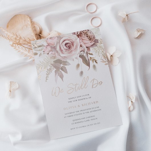 私たちは愛を誓う  ローズゴールド ブラッシュ フラワー 誓いの更新 箔招待状