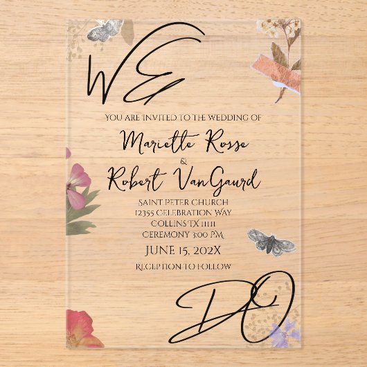 私たちは押された花の惨めなガーデンシック結婚ズ アクリル招待状 (正面)