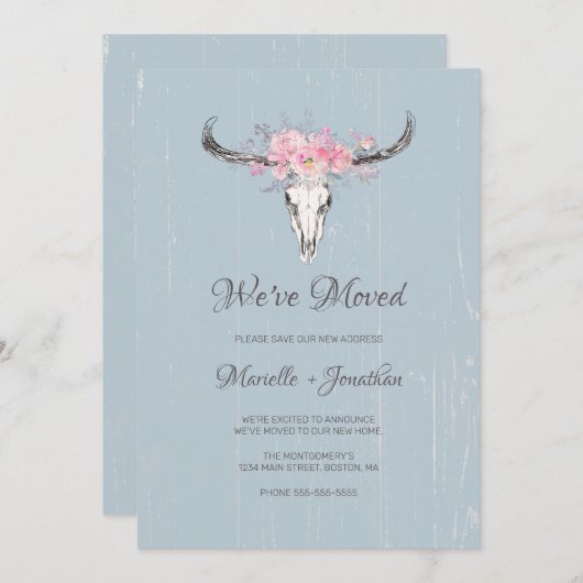 私たちは新しいアドレス素朴牛スカルフローラを移動 案内状 (正面/裏面)