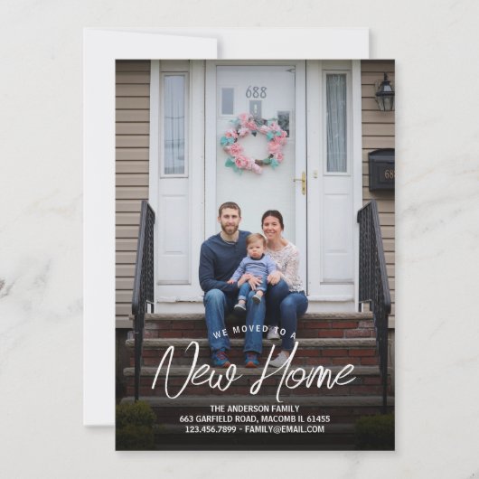 私たちは新しいホームTypogrtpahy家族の写真を移動 案内状 (正面)
